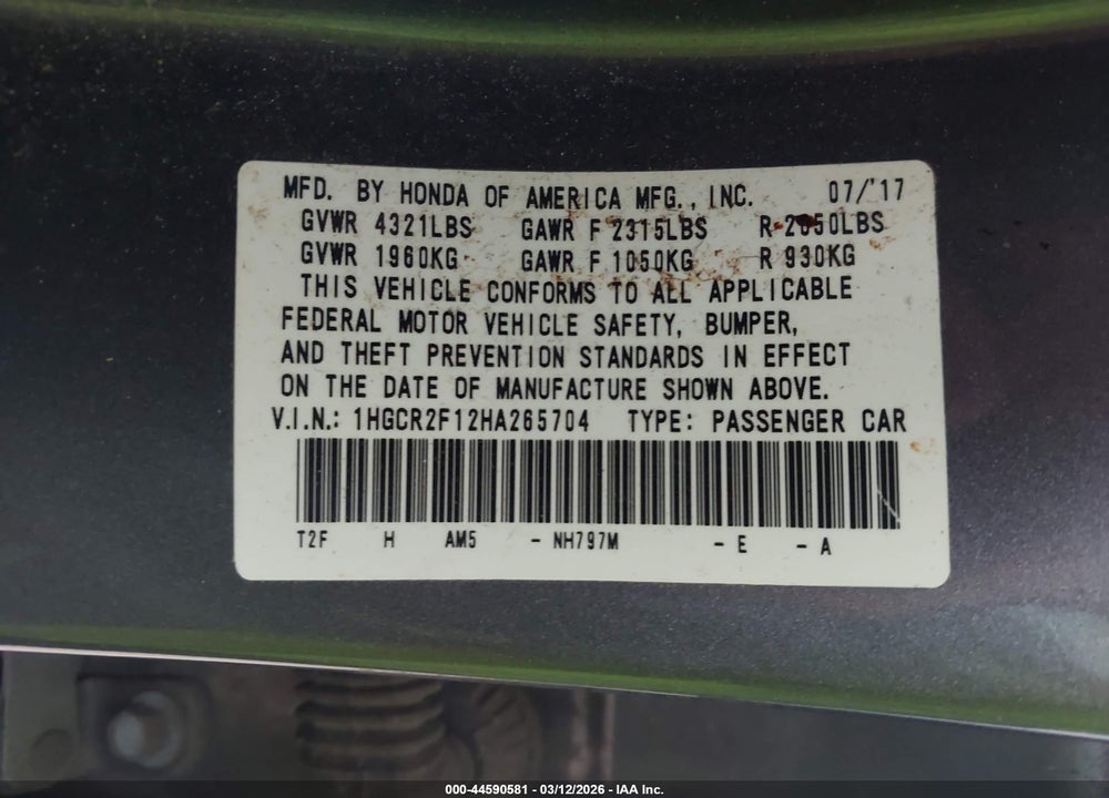 2017 HONDA ACCORD SPORT SE VIN: 1HGCR2F12HA265704