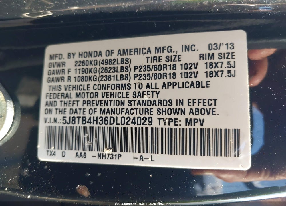 2013 ACURA RDX VIN: 5J8TB4H36DL024029