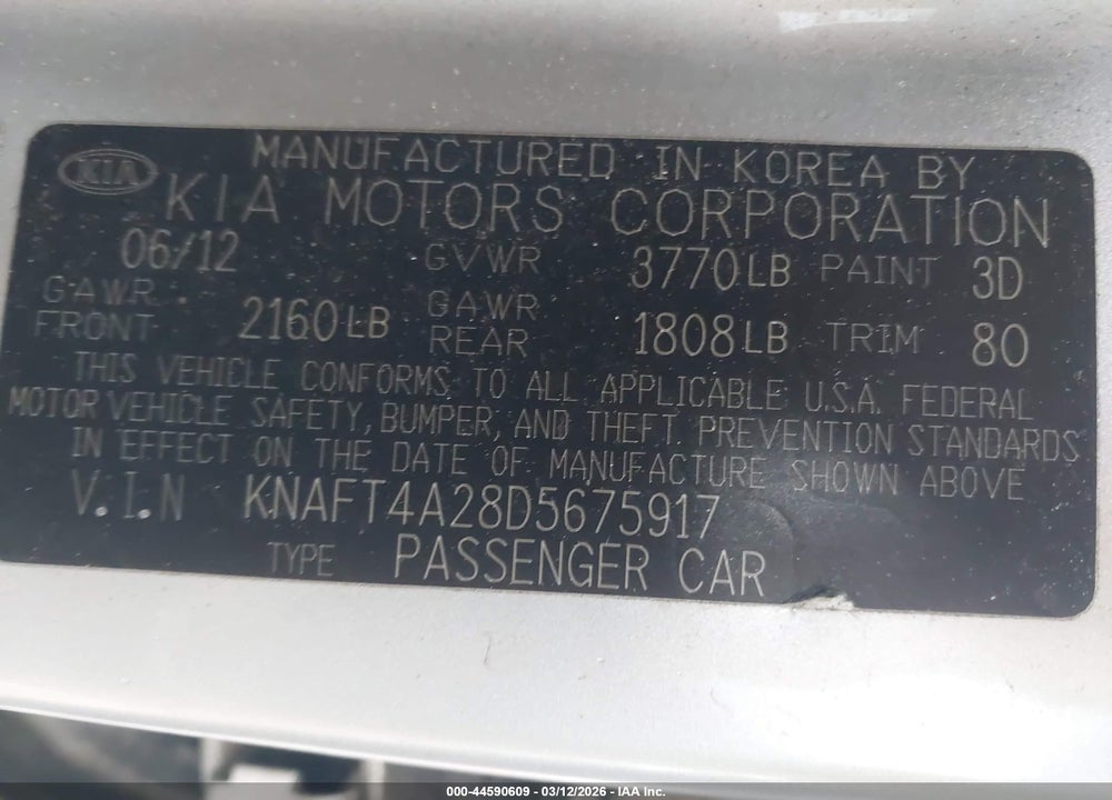2013 KIA FORTE LX VIN: KNAFT4A28D5675917