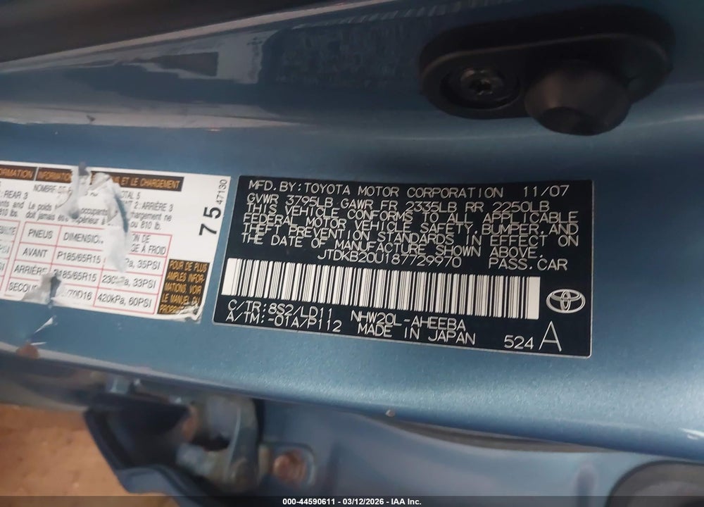 2008 TOYOTA PRIUS VIN: JTDKB20U187729970