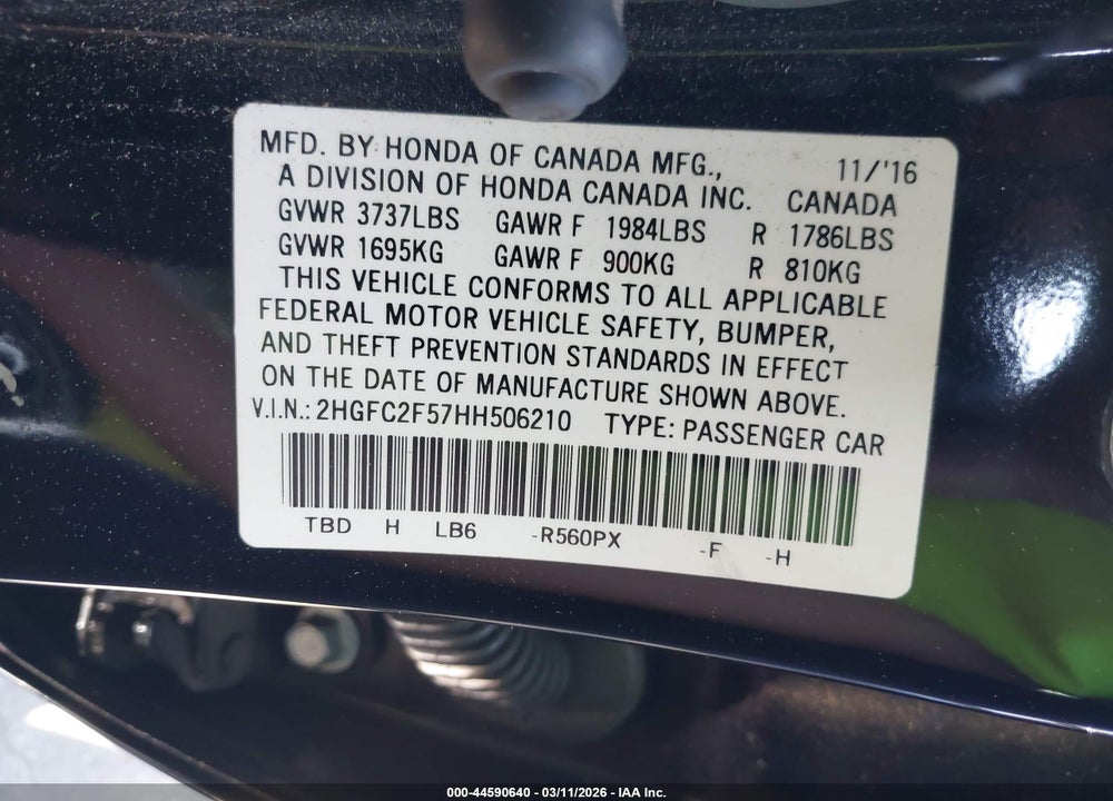 2017 HONDA CIVIC LX VIN: 2HGFC2F57HH506210