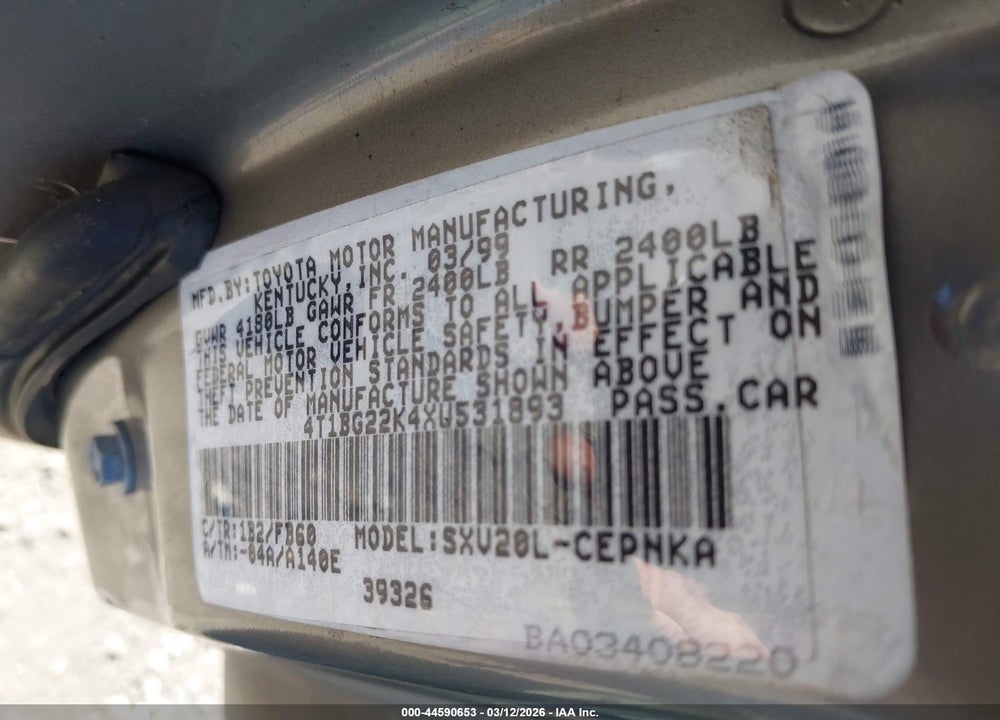 1999 TOYOTA CAMRY LE VIN: 4T1BG22K4XU531893