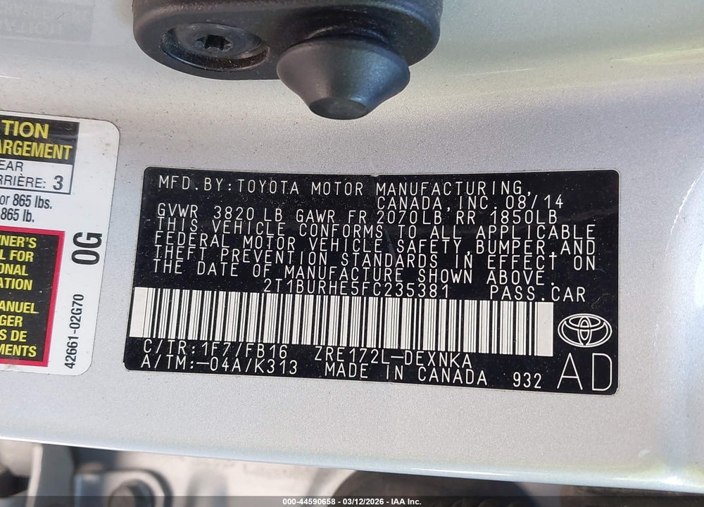 2015 TOYOTA COROLLA LE PLUS VIN: 2T1BURHE5FC235381