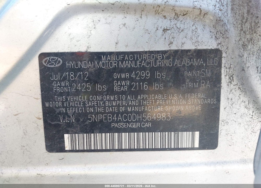 2013 HYUNDAI SONATA GLS VIN: 5NPEB4AC0DH564983