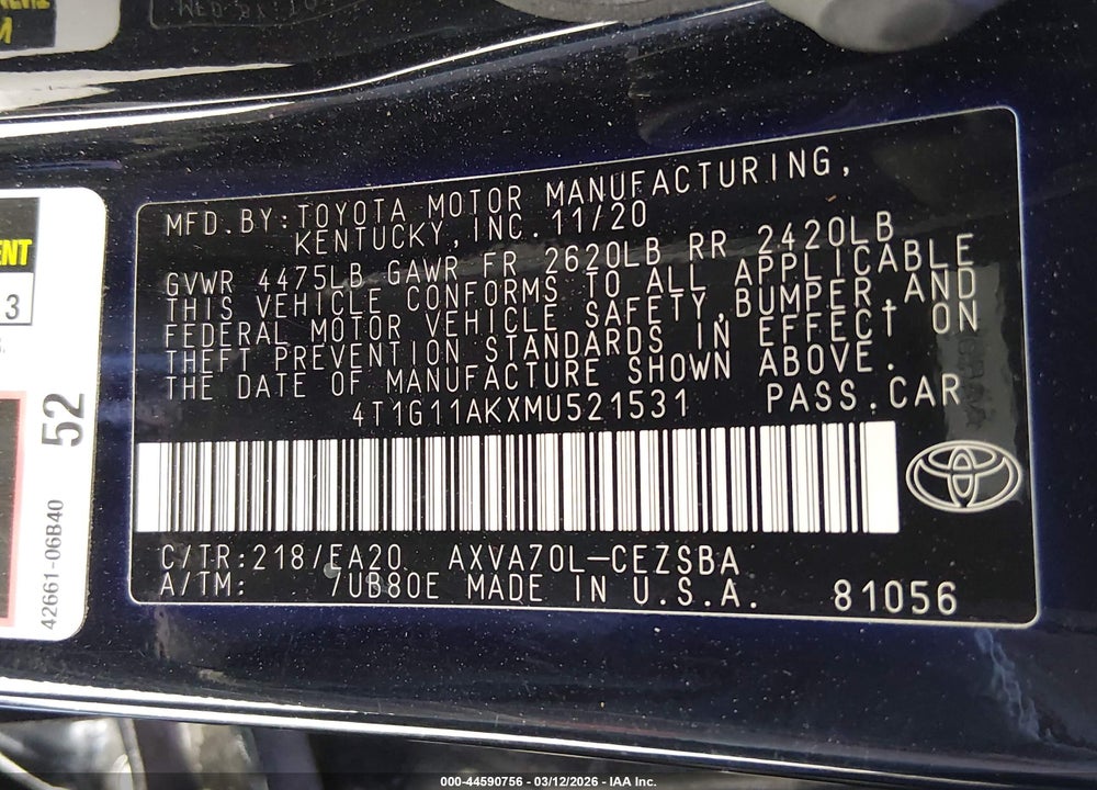 2021 TOYOTA CAMRY SE VIN: 4T1G11AKXMU521531