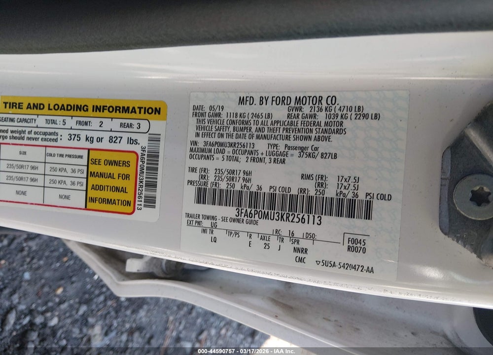 2019 FORD FUSION HYBRID SEL VIN: 3FA6P0MU3KR256113