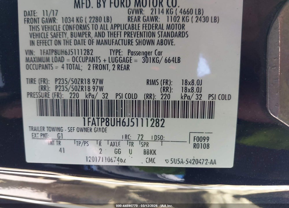 2018 FORD MUSTANG ECOBOOST PREMIUM VIN: 1FATP8UH6J5111282