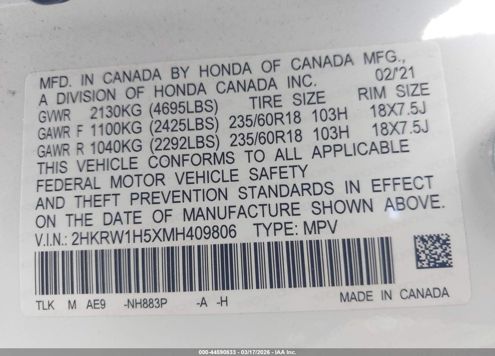 2021 HONDA CR-V 2WD EX VIN: 2HKRW1H5XMH409806