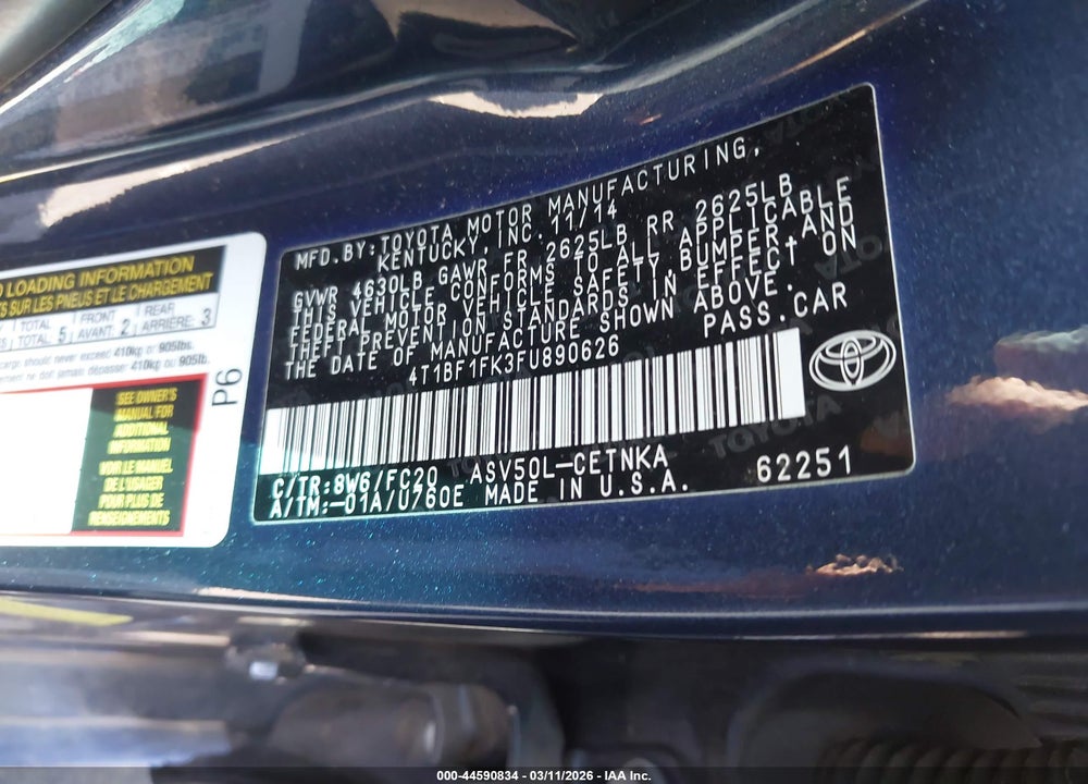 2015 TOYOTA CAMRY LE VIN: 4T1BF1FK3FU890626