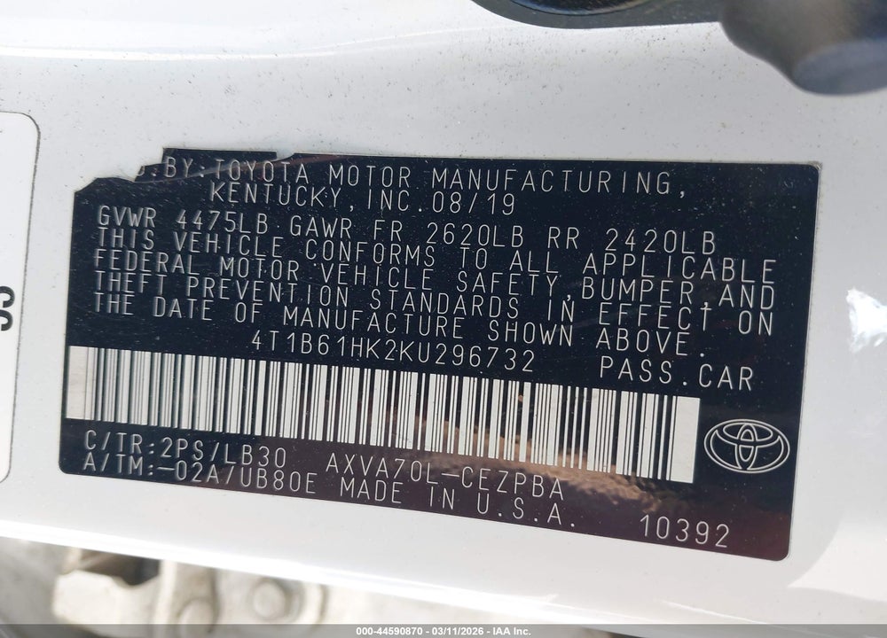 2019 TOYOTA CAMRY XSE VIN: 4T1B61HK2KU296732