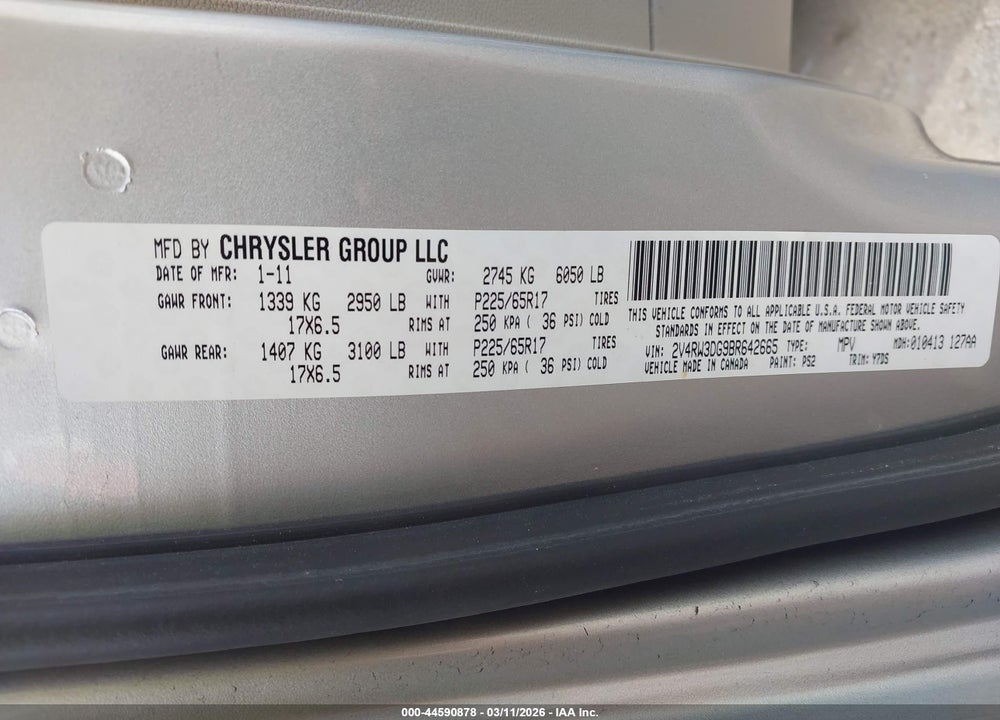 2011 VOLKSWAGEN ROUTAN SE VIN: 2V4RW3DG9BR642665