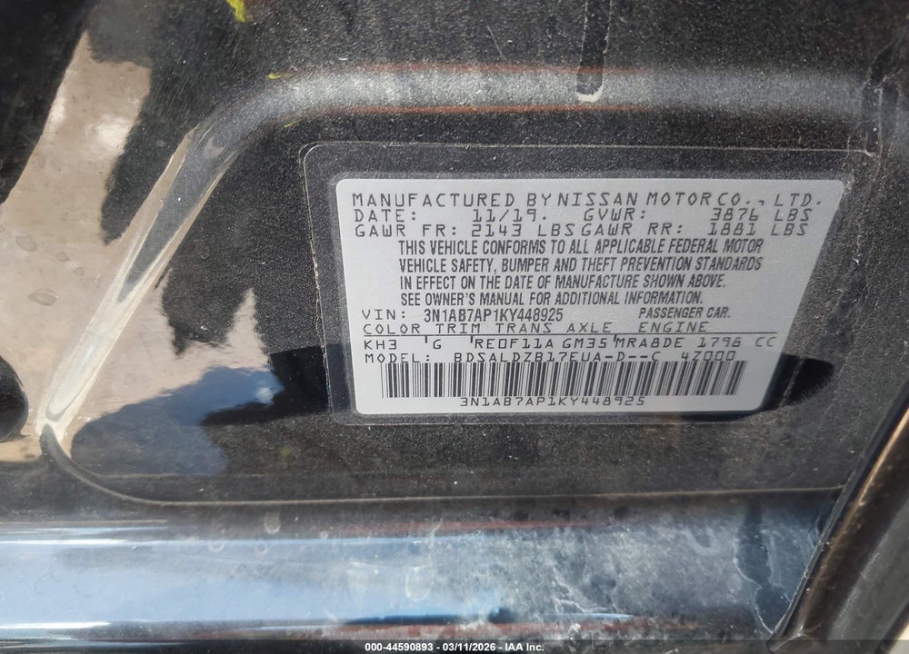 2019 NISSAN SENTRA SV VIN: 3N1AB7AP1KY448925