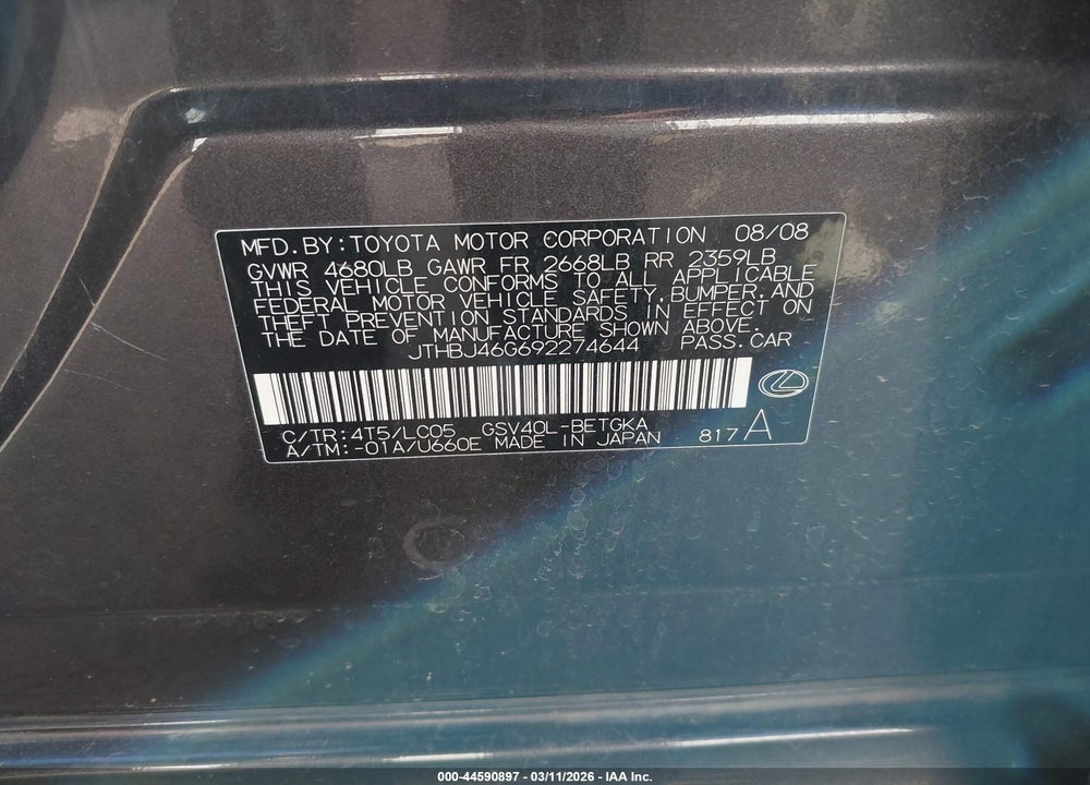2009 LEXUS ES 350 VIN: JTHBJ46G692274644