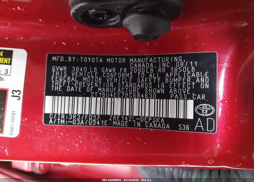 2011 TOYOTA COROLLA S VIN: 2T1BU4EE7BC684630