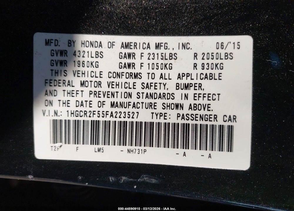 2015 HONDA ACCORD SPORT VIN: 1HGCR2F55FA223527