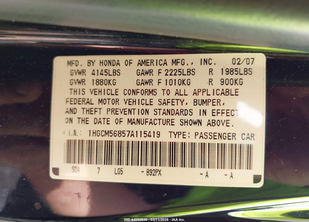 2007 HONDA ACCORD 2.4 EX VIN: 1HGCM56857A115419