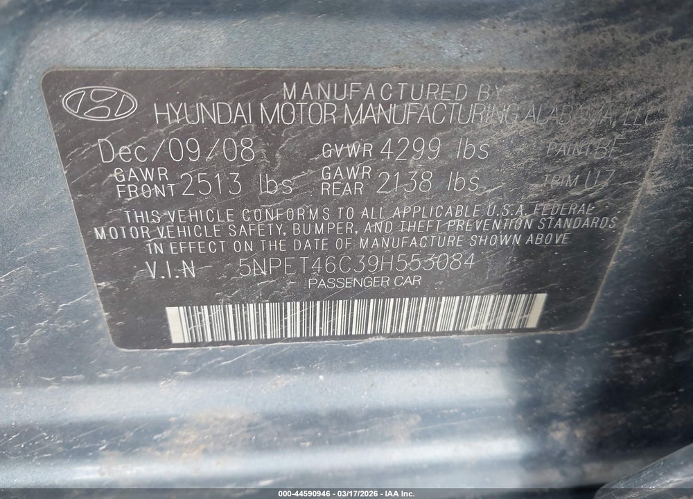 2009 HYUNDAI SONATA GLS VIN: 5NPET46C39H553084