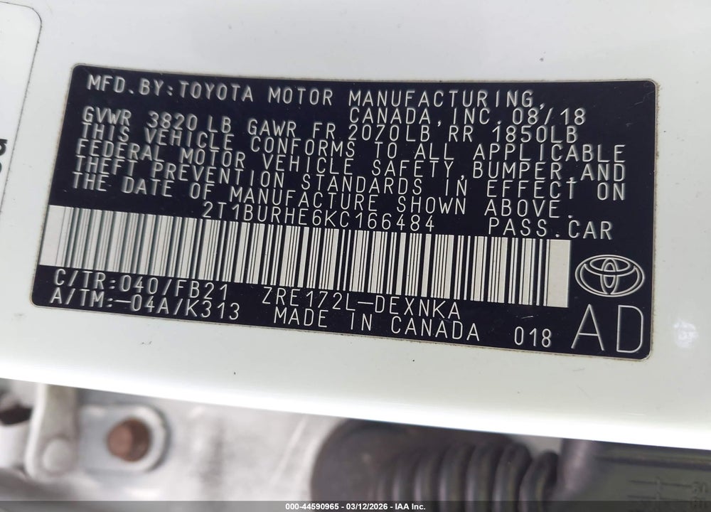 2019 TOYOTA COROLLA LE VIN: 2T1BURHE6KC166484