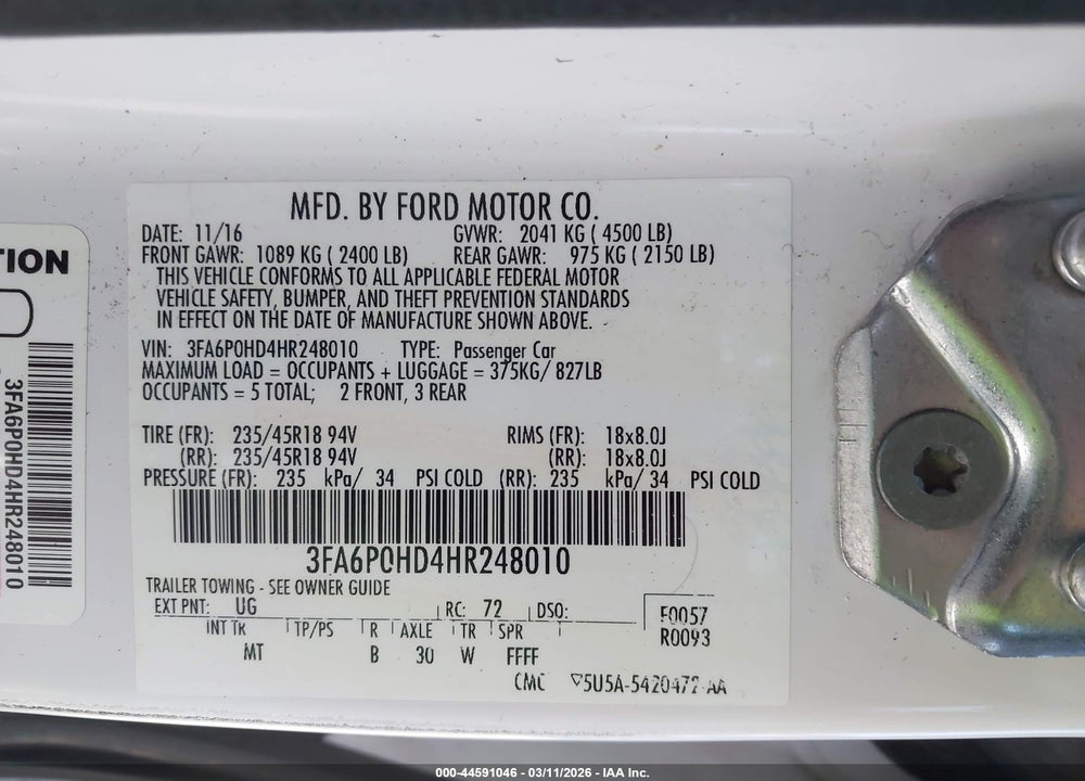 2017 FORD FUSION SE VIN: 3FA6P0HD4HR248010