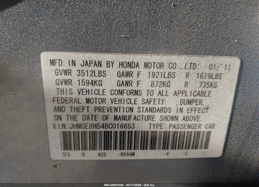 2011 HONDA FIT SPORT VIN: JHMGE8H54BC016653