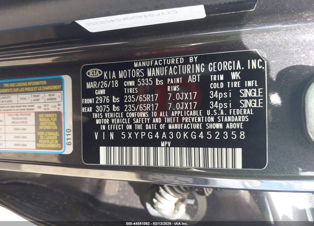 2019 KIA SORENTO 2.4L LX VIN: 5XYPG4A30KG452358