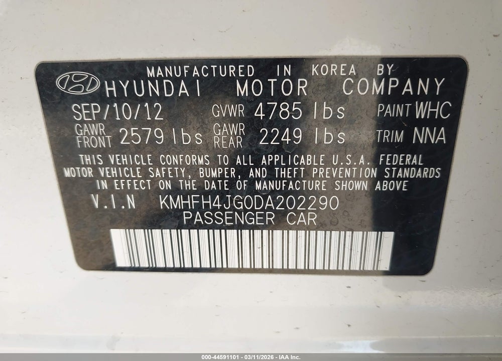 2013 HYUNDAI AZERA VIN: KMHFH4JG0DA202290