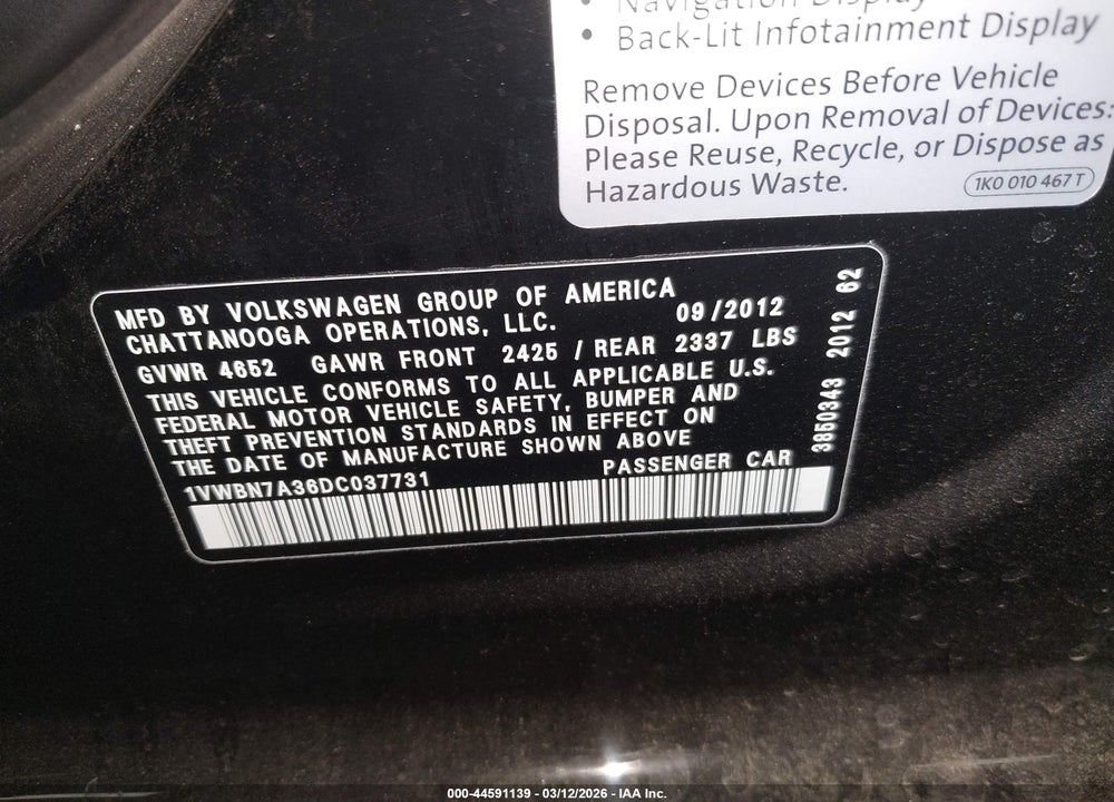 2013 VOLKSWAGEN PASSAT 2.0L TDI SE VIN: 1VWBN7A36DC037731