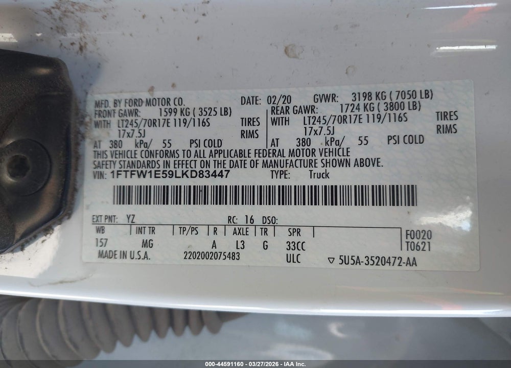 2020 FORD F-150 KING RANCH/LARIAT/PLATINUM/XL/XLT VIN: 1FTFW1E59LKD83447