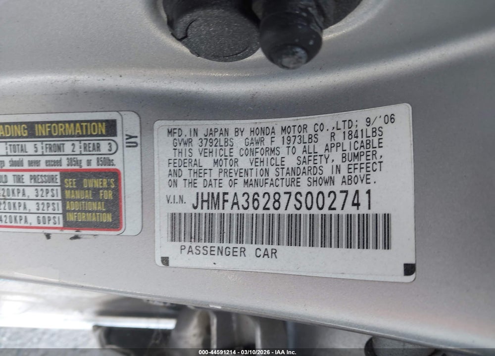 2007 HONDA CIVIC HYBRID VIN: JHMFA362875002741