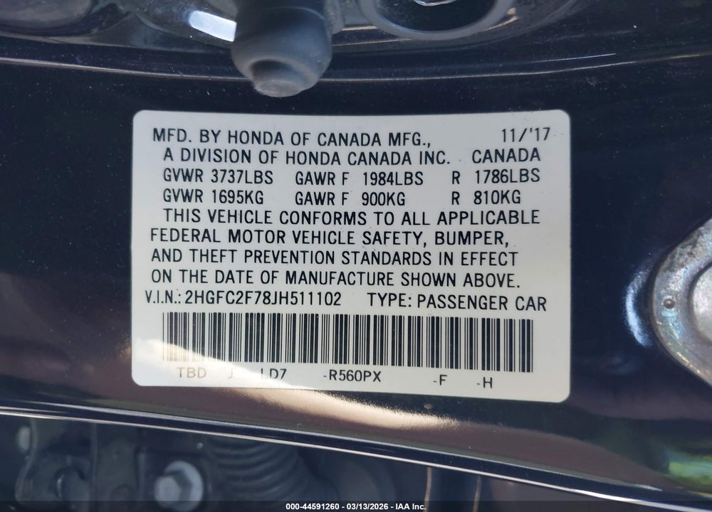 2018 HONDA CIVIC EX VIN: 2HGFC2F78JH511102