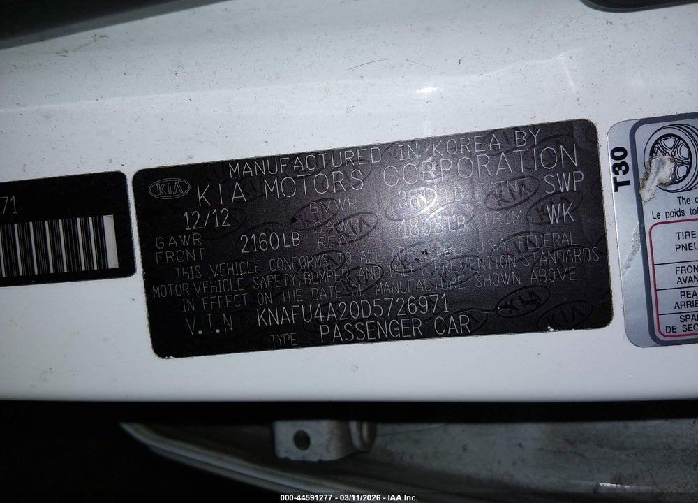 2013 KIA FORTE EX VIN: KNAFU4A20D5726971