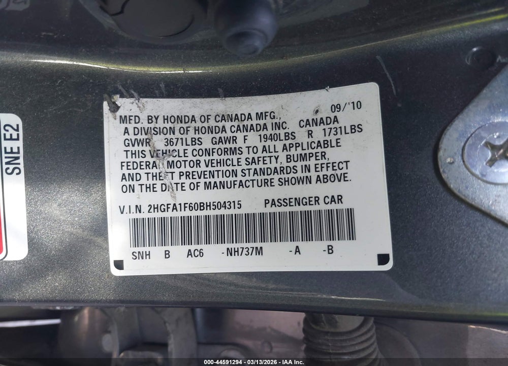 2011 HONDA CIVIC LX-S VIN: 2HGFA1F60BH504315