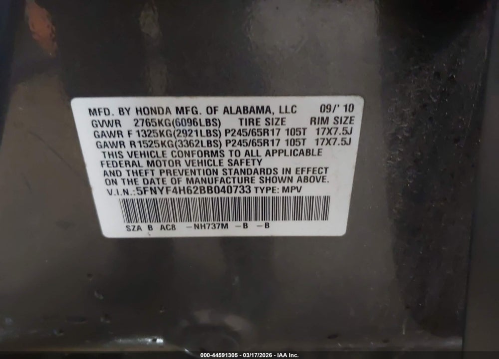 2011 HONDA PILOT EX-L VIN: 5FNYF4H62BB040733