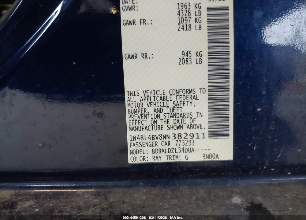 2022 NISSAN ALTIMA S FWD VIN: 1N4BL4BV8NN382911