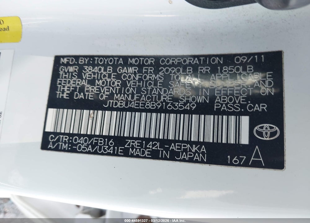 2011 TOYOTA COROLLA LE VIN: JTDBU4EE8B9163549