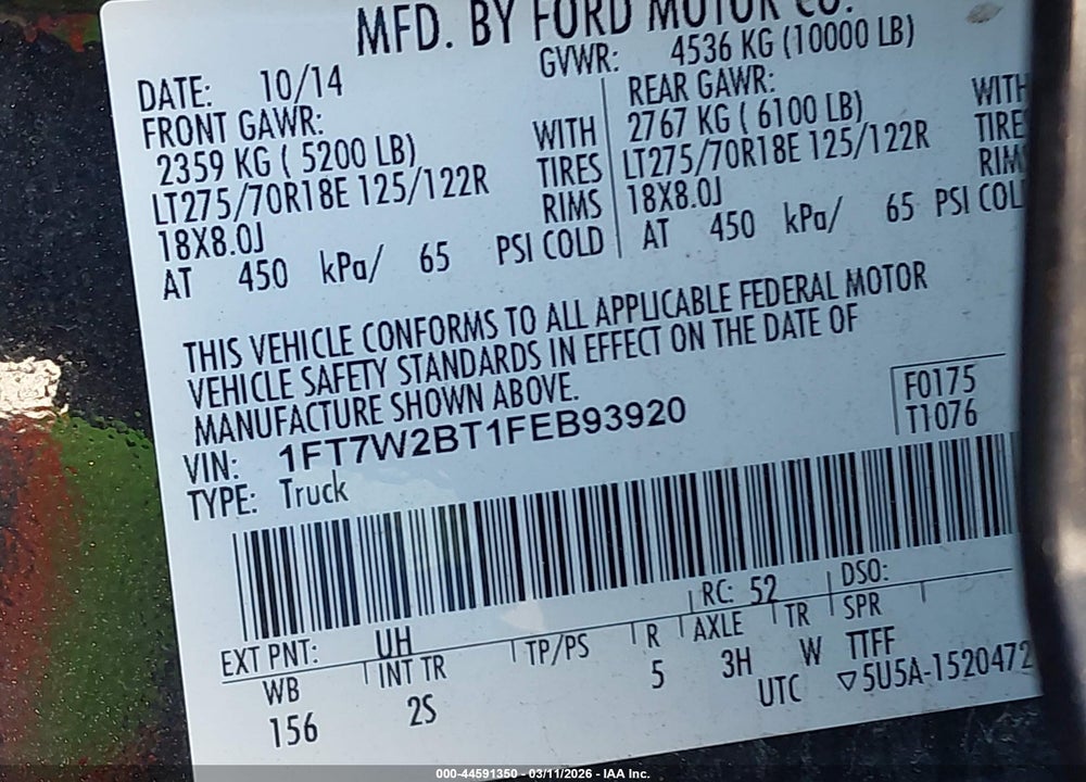 2015 FORD F-250 XLT VIN: 1FT7W2BT1FEB93920