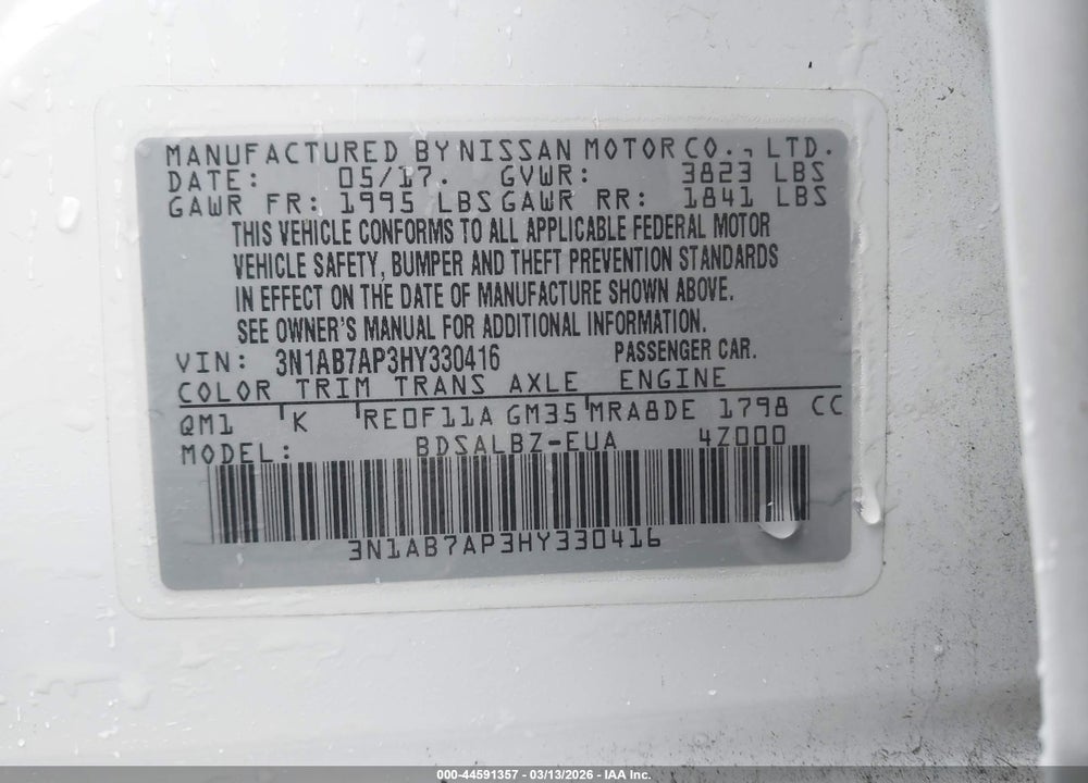 2017 NISSAN SENTRA S VIN: 3N1AB7AP3HY330416