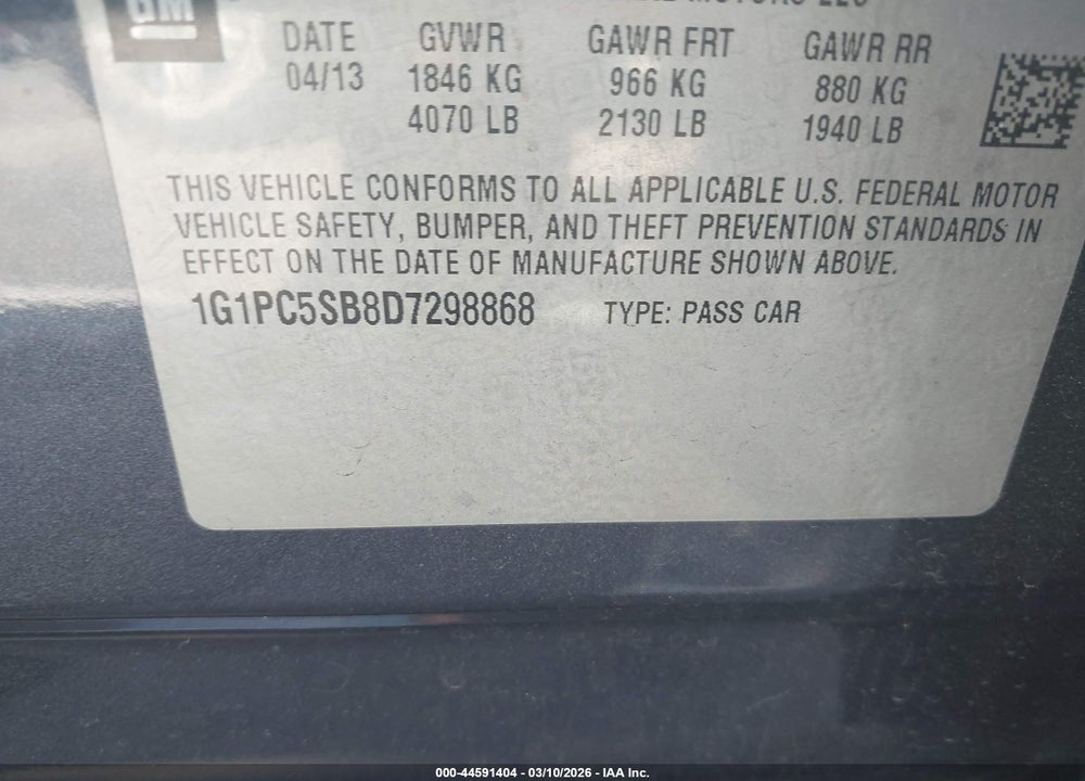 2013 CHEVROLET CRUZE 1LT AUTO VIN: 1G1PC5SB8D7298868