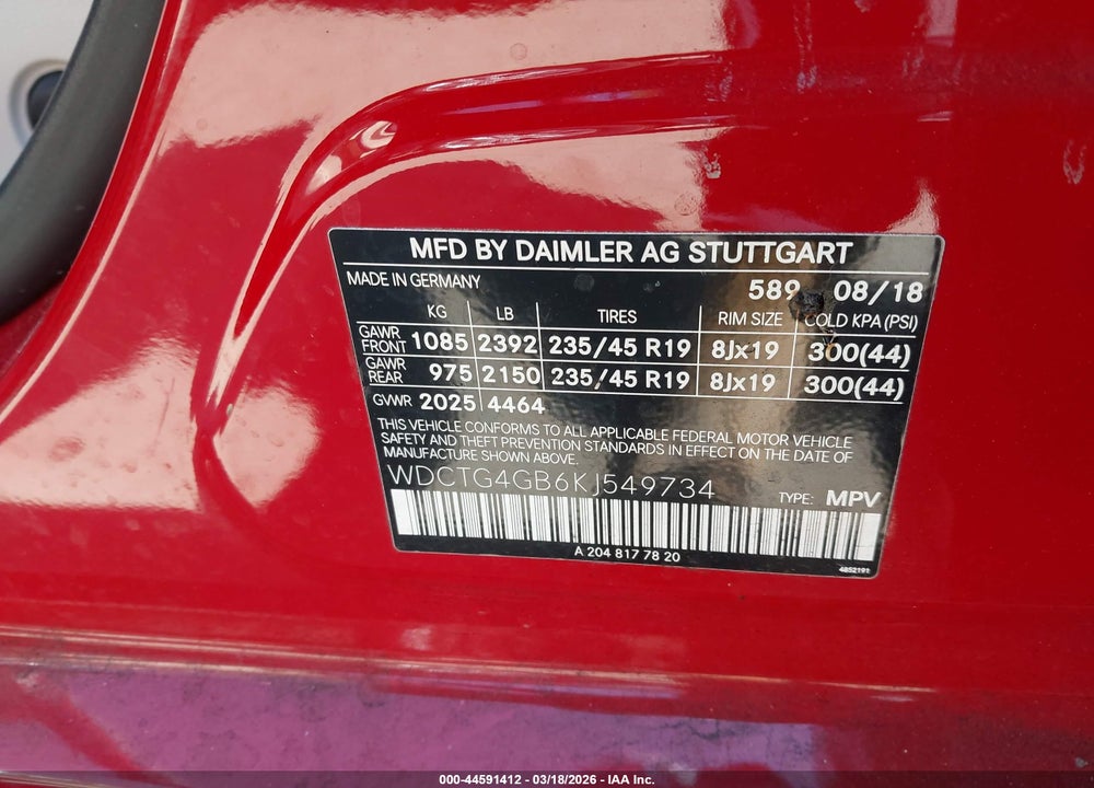 2019 MERCEDES-BENZ GLA 250 4MATIC VIN: WDCTG4GB6KJ549734