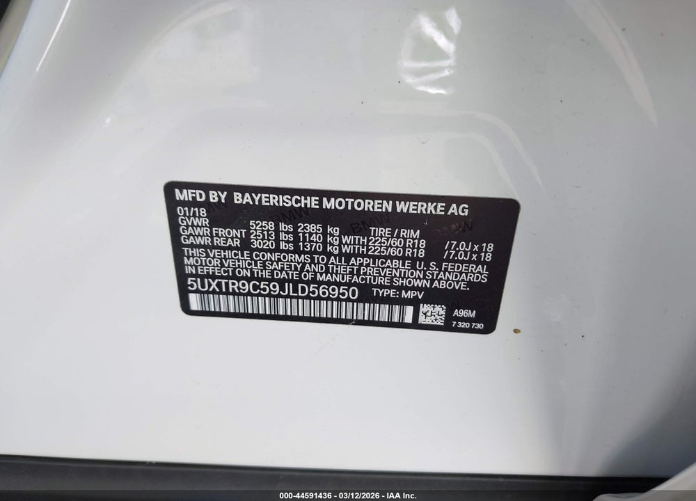 2018 BMW X3 XDRIVE30I VIN: 5UXTR9C59JLD56950