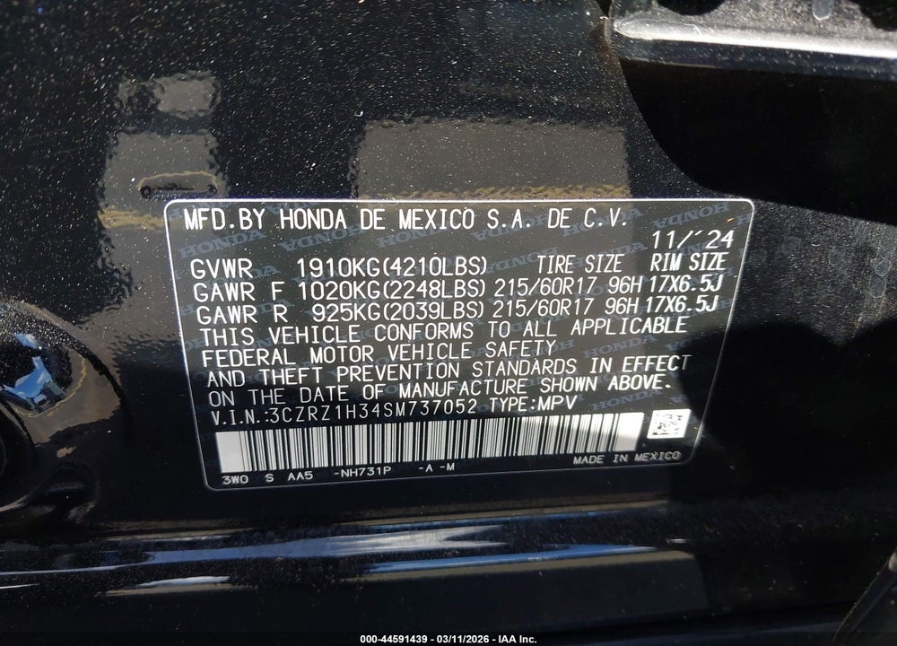 2025 HONDA HR-V 2WD LX VIN: 3CZRZ1H34SM737052