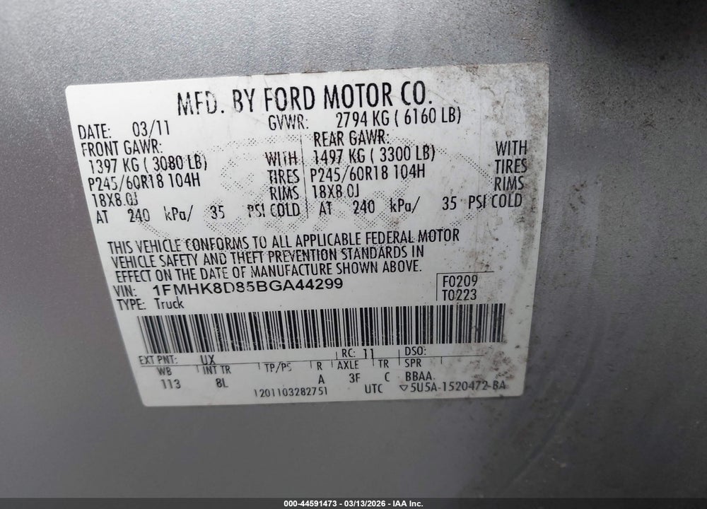 2011 FORD EXPLORER XLT VIN: 1FMHK8D85BGA44299