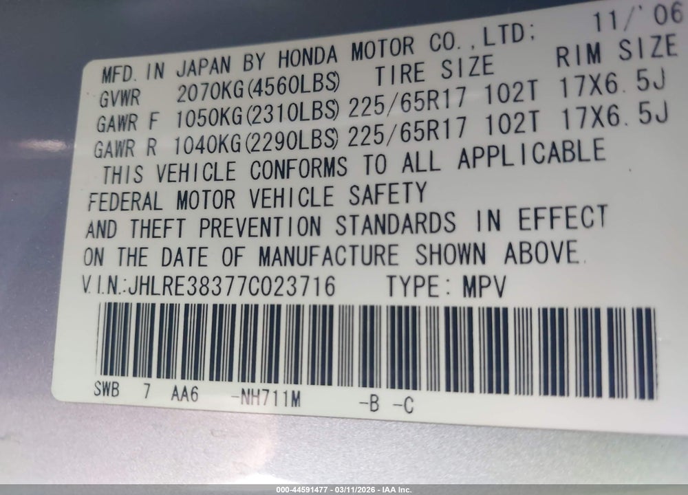 2007 HONDA CR-V LX VIN: JHLRE38377C023716