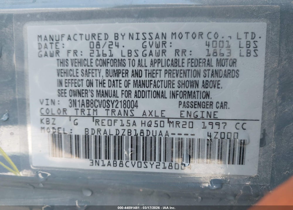 2025 NISSAN SENTRA SV VIN: 3N1AB8CV0SY218004