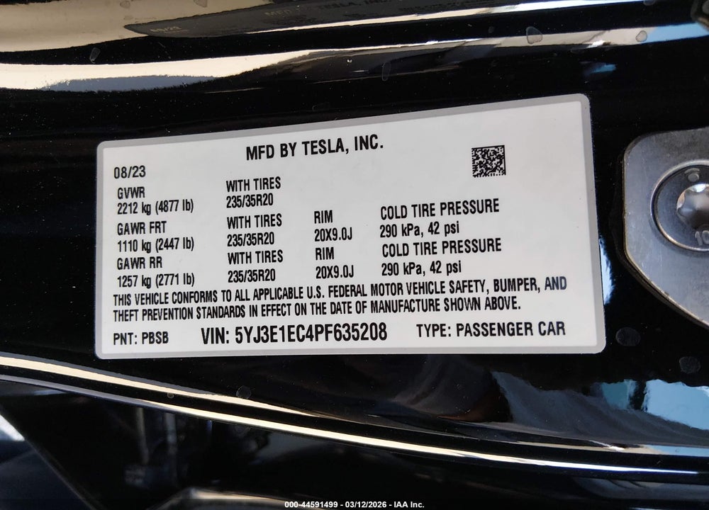 2023 TESLA MODEL 3 PERFORMANCE DUAL MOTOR ALL-WHEEL DRIVE VIN: 5YJ3E1EC4PF635208