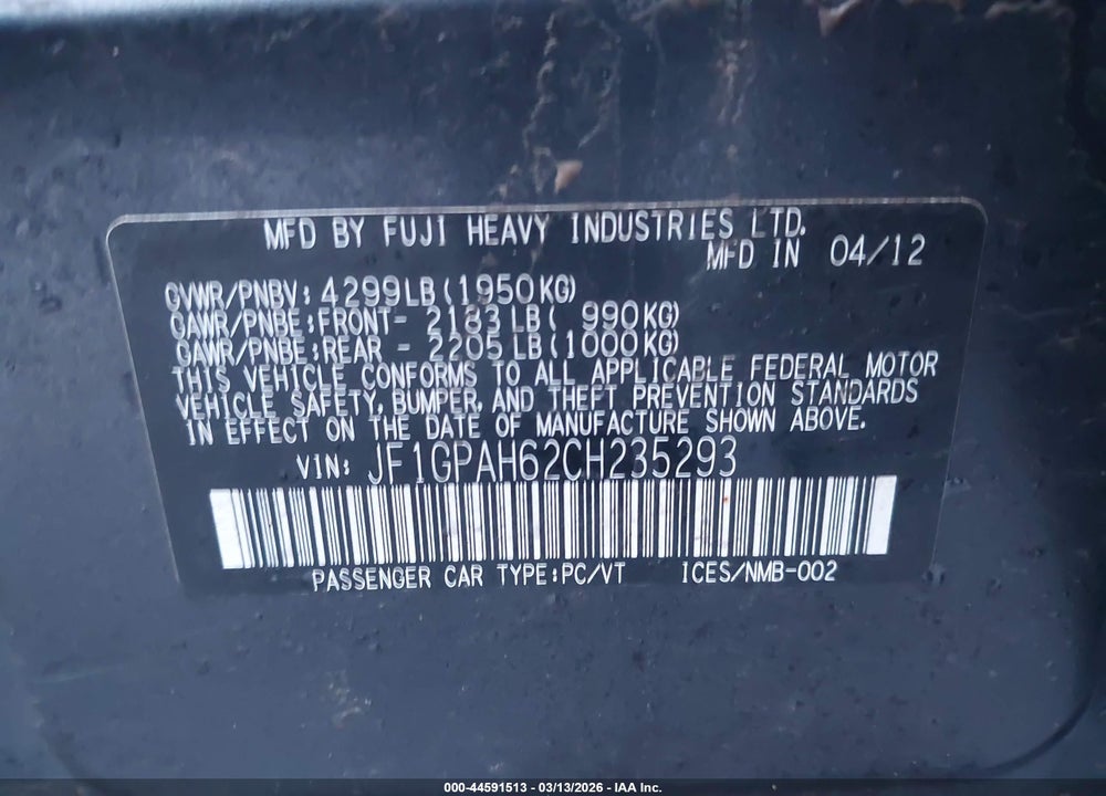 2012 SUBARU IMPREZA 2.0I LIMITED VIN: JF1GPAH62CH235293