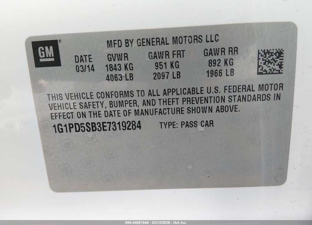 2014 CHEVROLET CRUZE 1LT MANUAL VIN: 1G1PD5SB3E7319284