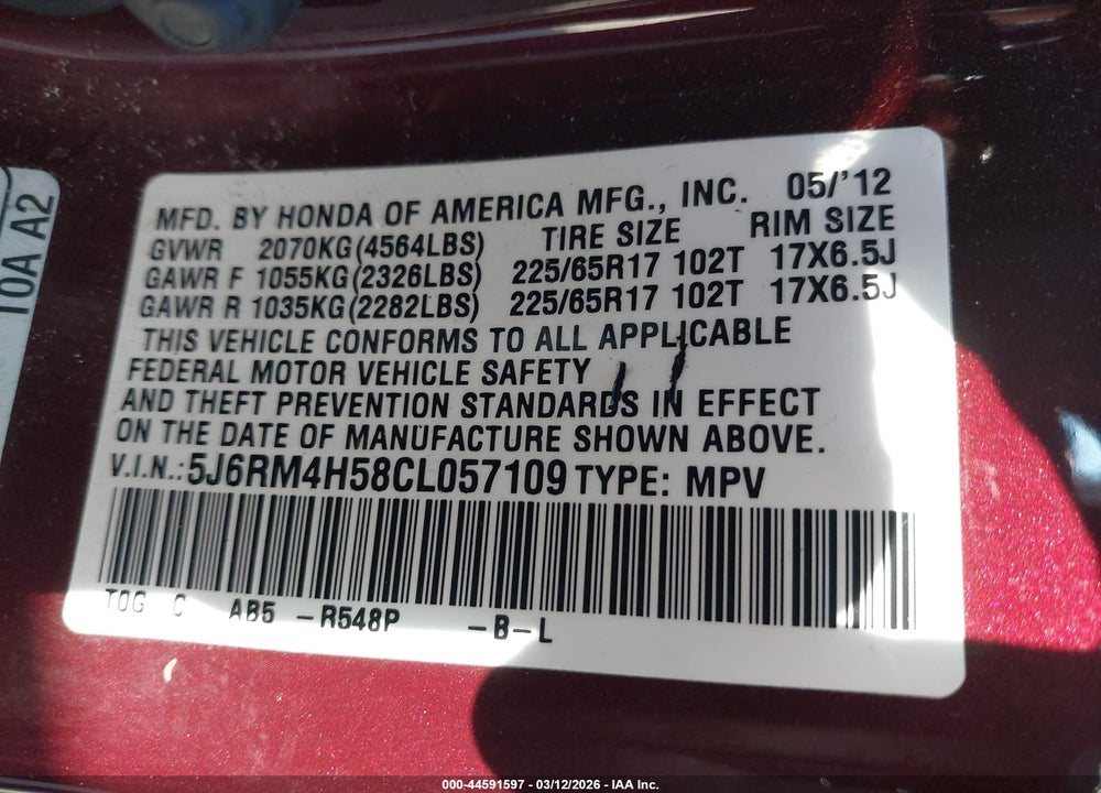 2012 HONDA CR-V EX VIN: 5J6RM4H58CL057109