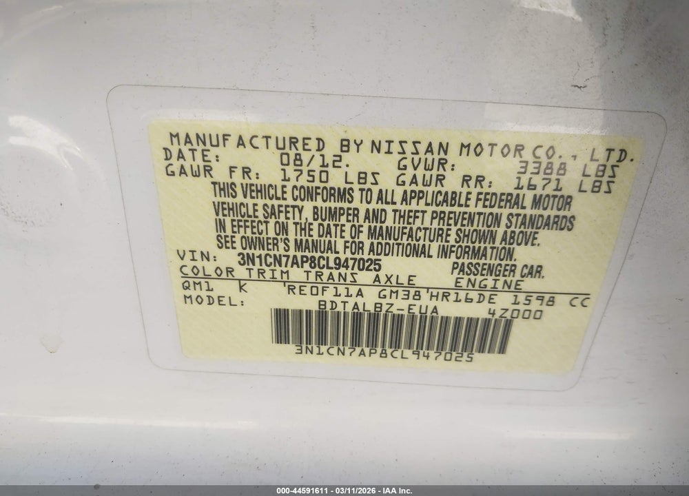 2012 NISSAN VERSA 1.6 SV VIN: 3N1CN7AP8CL947025