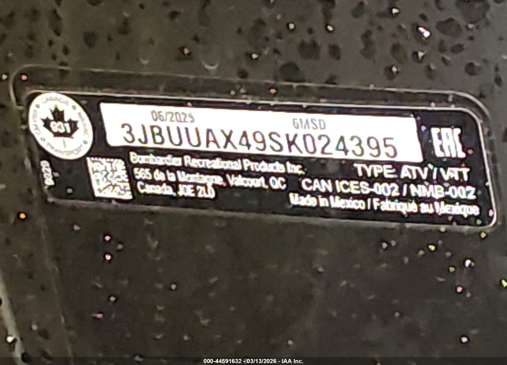 2025 CAN-AM DEFENDER MAX LIMITED CAB HD10/LONE STAR HD10 VIN: 3JBUUAX49SK024395